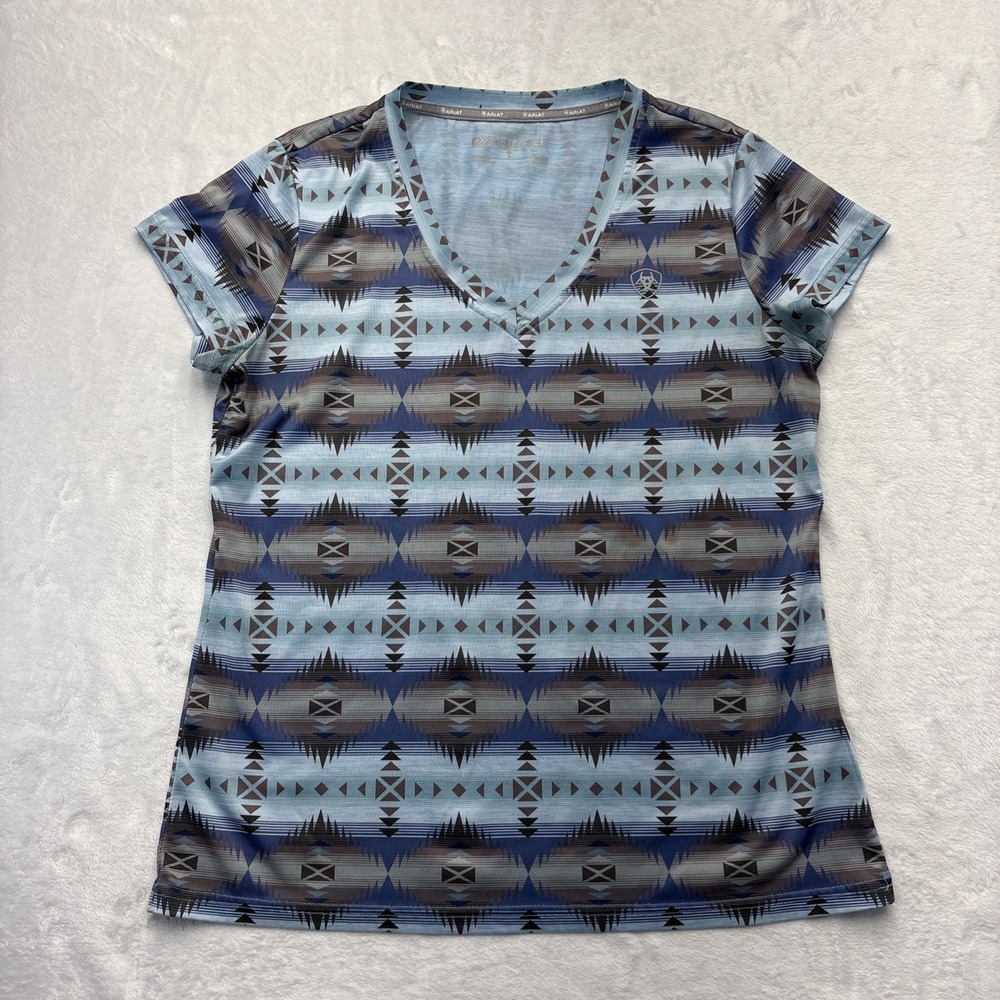 Ariat AriatTEK Womens L Aztec AOP V-Neck Tee Western Cowgirl Ranch Blue